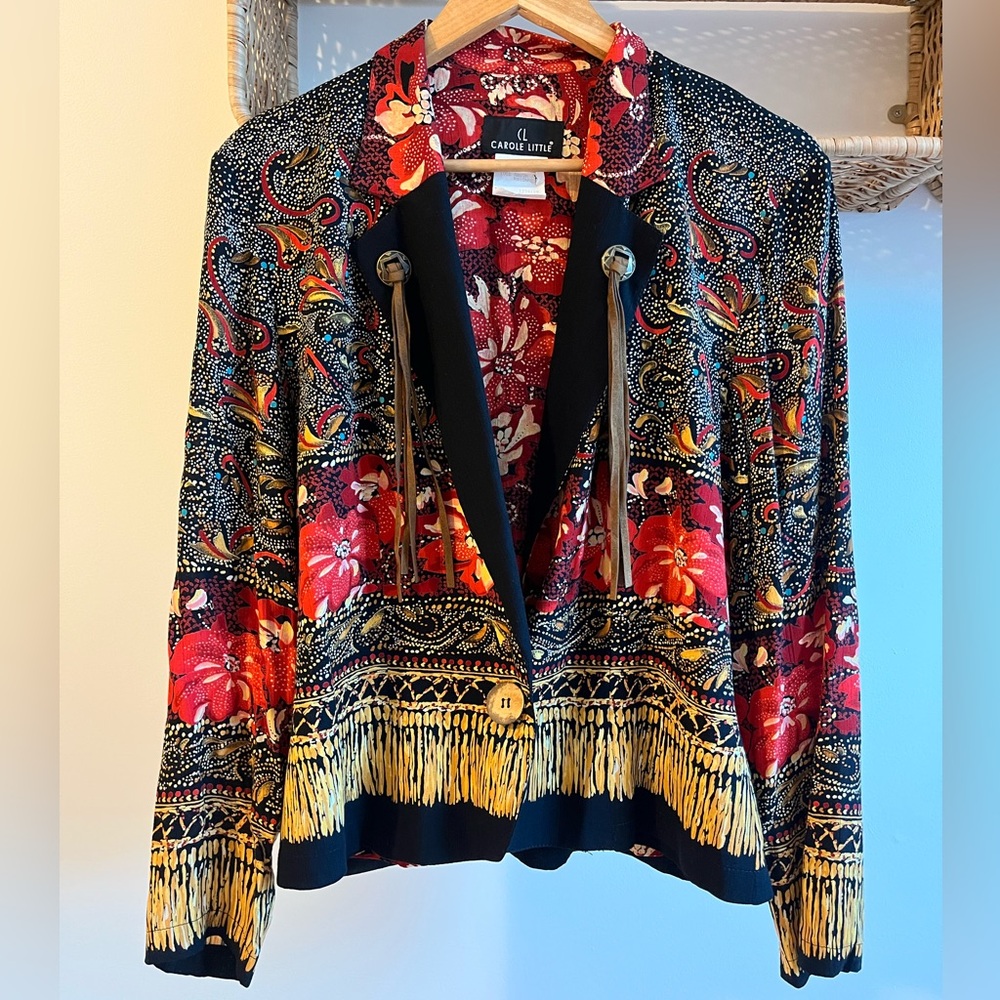 Carole Little western jacket floral Blazer boho cowboy conch leather vintage M